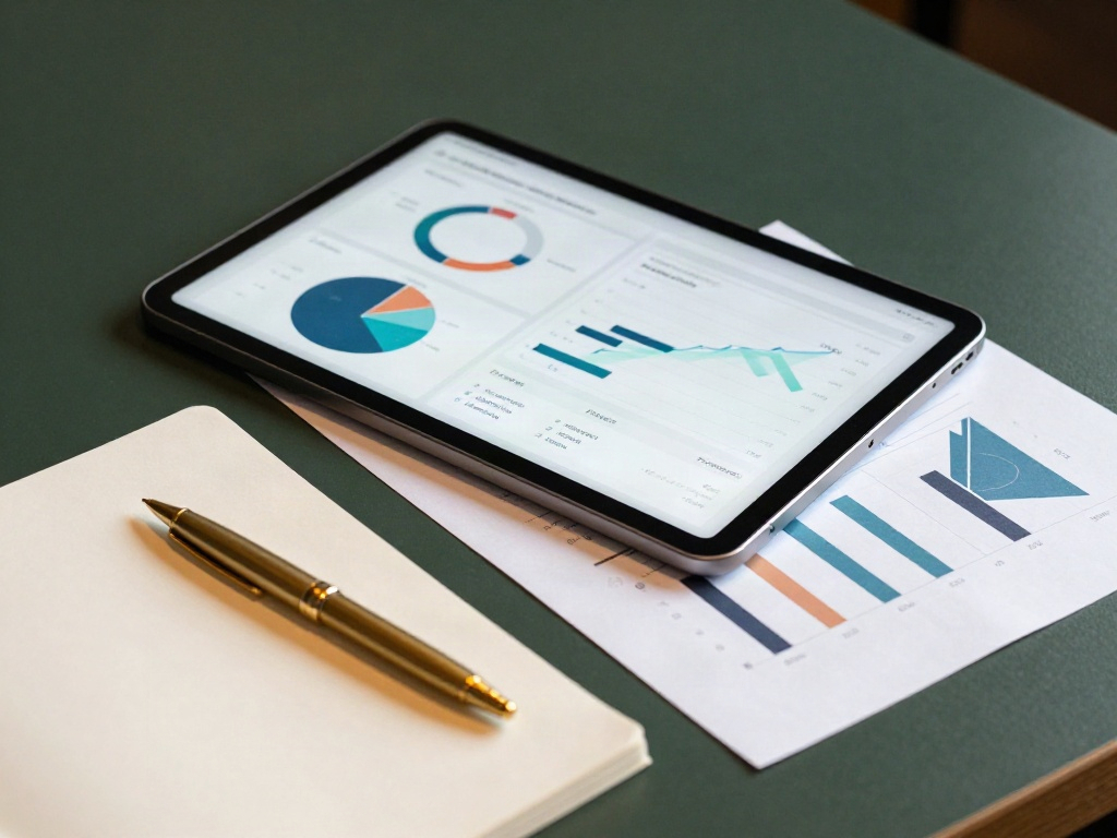 Analytics dashboard and quarterly review materials on a dark green desk